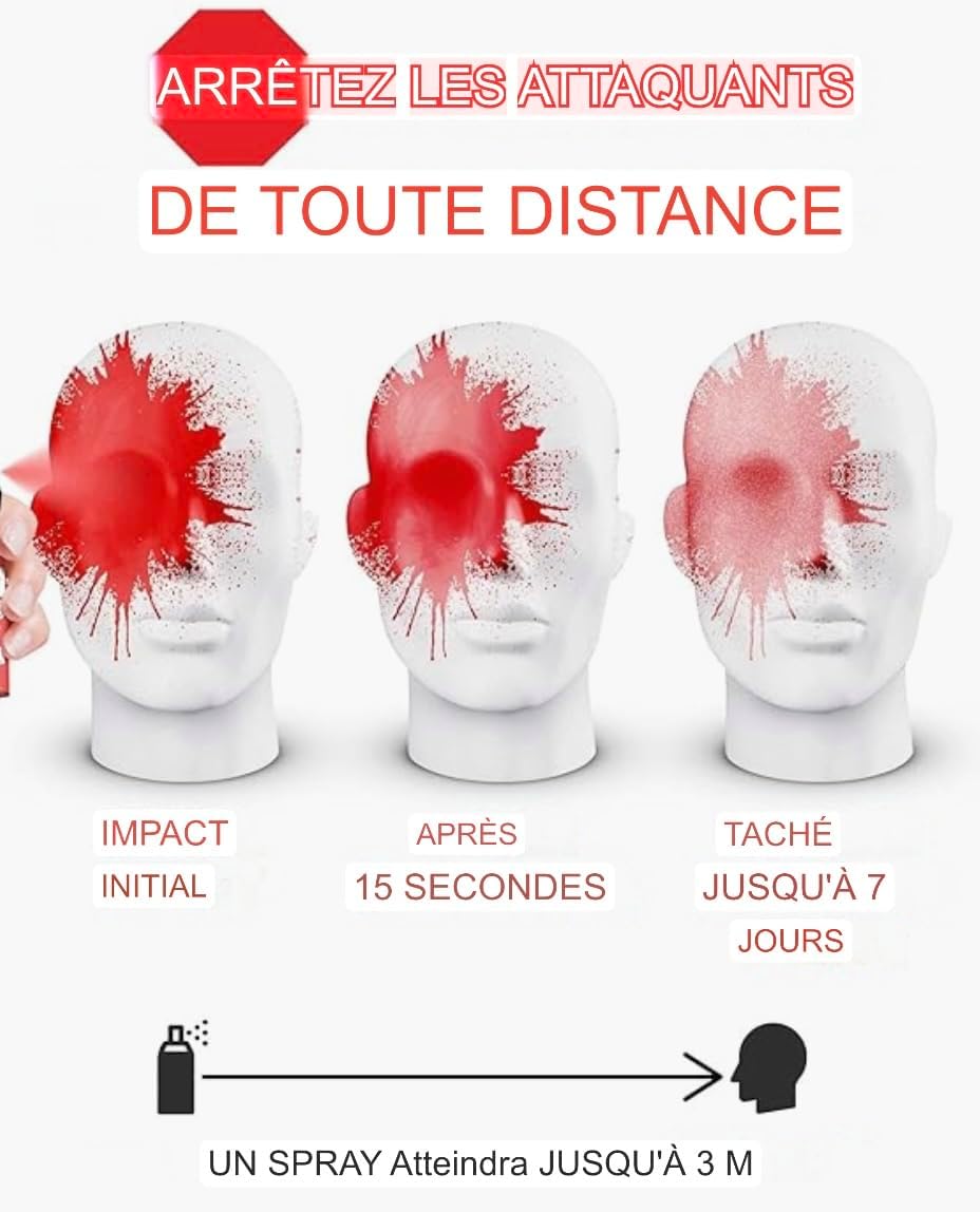 Spray de défense Anti agression Efficace, Pratique 100% légal Identifiant Criminel Anti Attaque, sécurité personnelle. Porte clé Format Sac à Main avec Brise vitre/sifflet/Coupe Ceinture