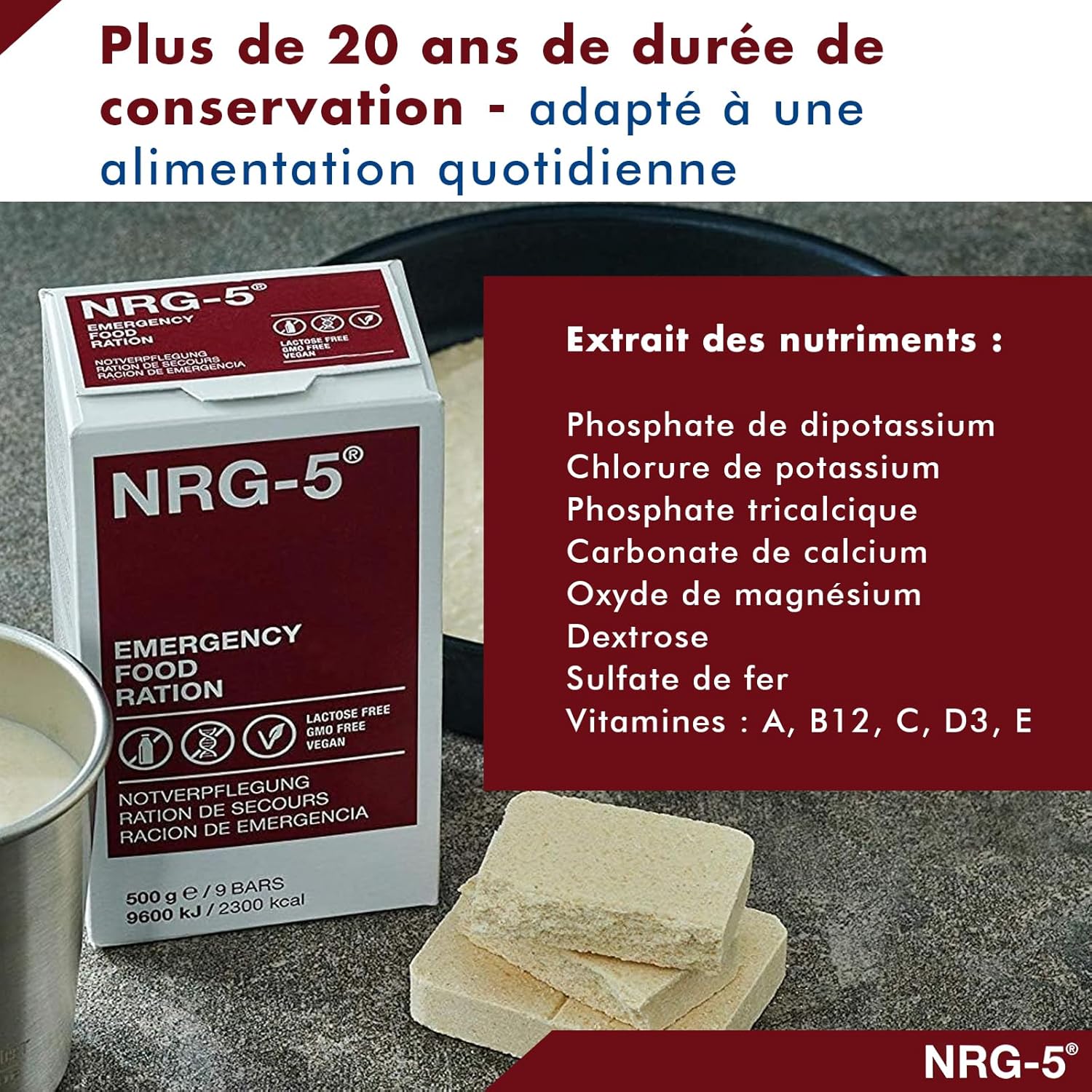 MFH NRG-5 1 paquet de 9 biscuits pour ration de survie 500 g, Blanc Ma boutique