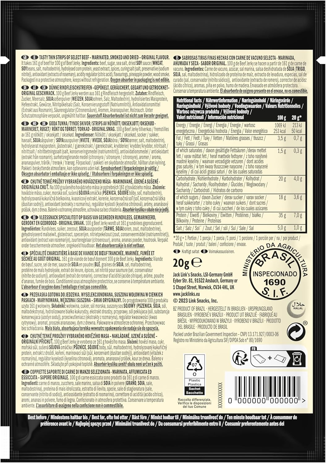 Jack Links Beef Jerky Original (12 x 60 g) - Viande séchée - Riche en protéine snack  - Boeuf séché ‎Jack Link's