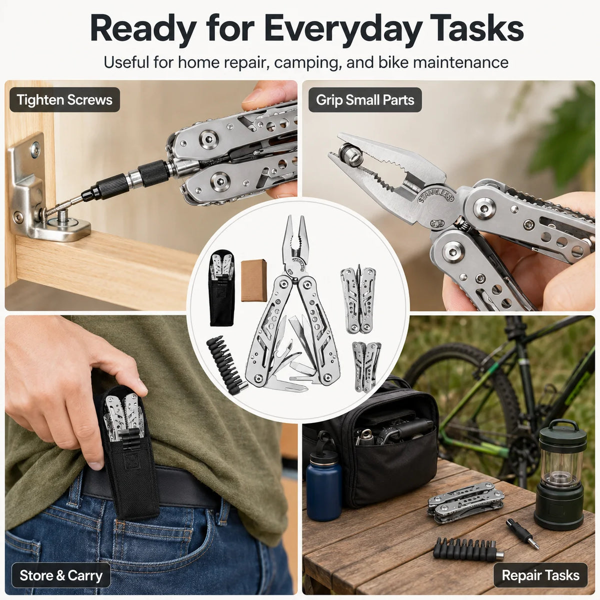 Pince Multifonction Pliable Inox – Set Embouts Tournevis & Pochette – Camping, Bricolage, Vélo
