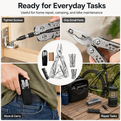 Pince Multifonction Pliable Inox – Set Embouts Tournevis & Pochette – Camping, Bricolage, Vélo
