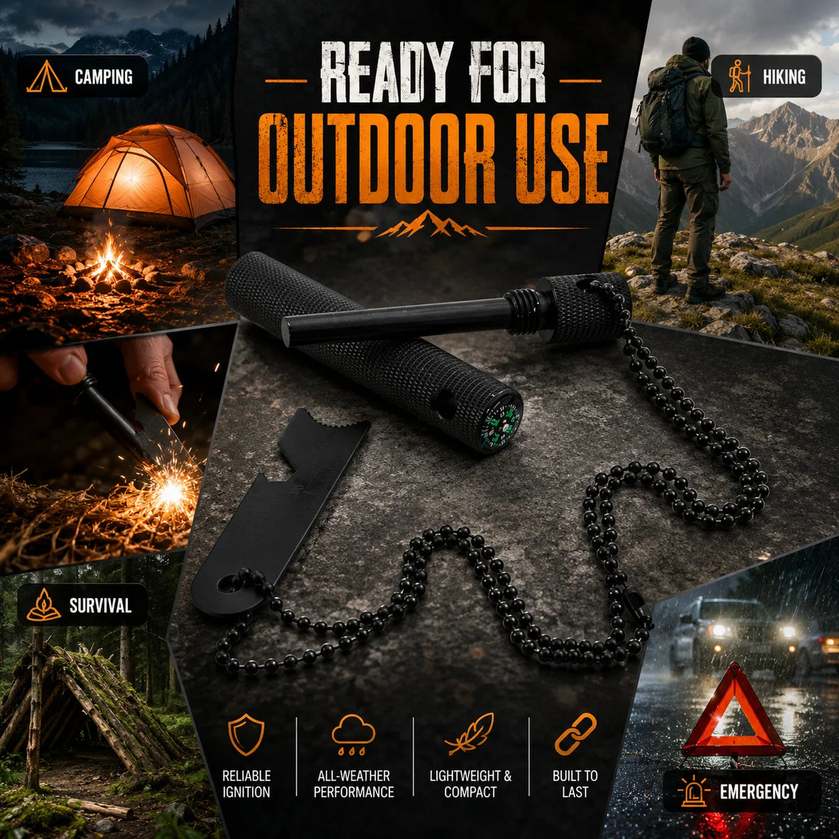 Firesteel de Poche avec Boussole et Porte-Clés - Allume-Feu de Survie
