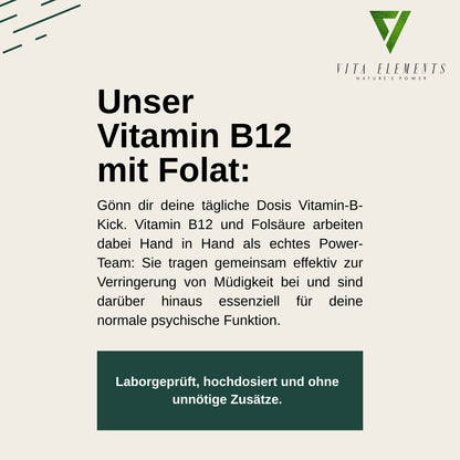 Vita Elements Vitamine B12 Triple Forme 500µg — Méthylcobalamine, Adénosylcobalamine & Hydroxocobalamine + Quatrefolic® 200µg | Végan | 180 Comprimés