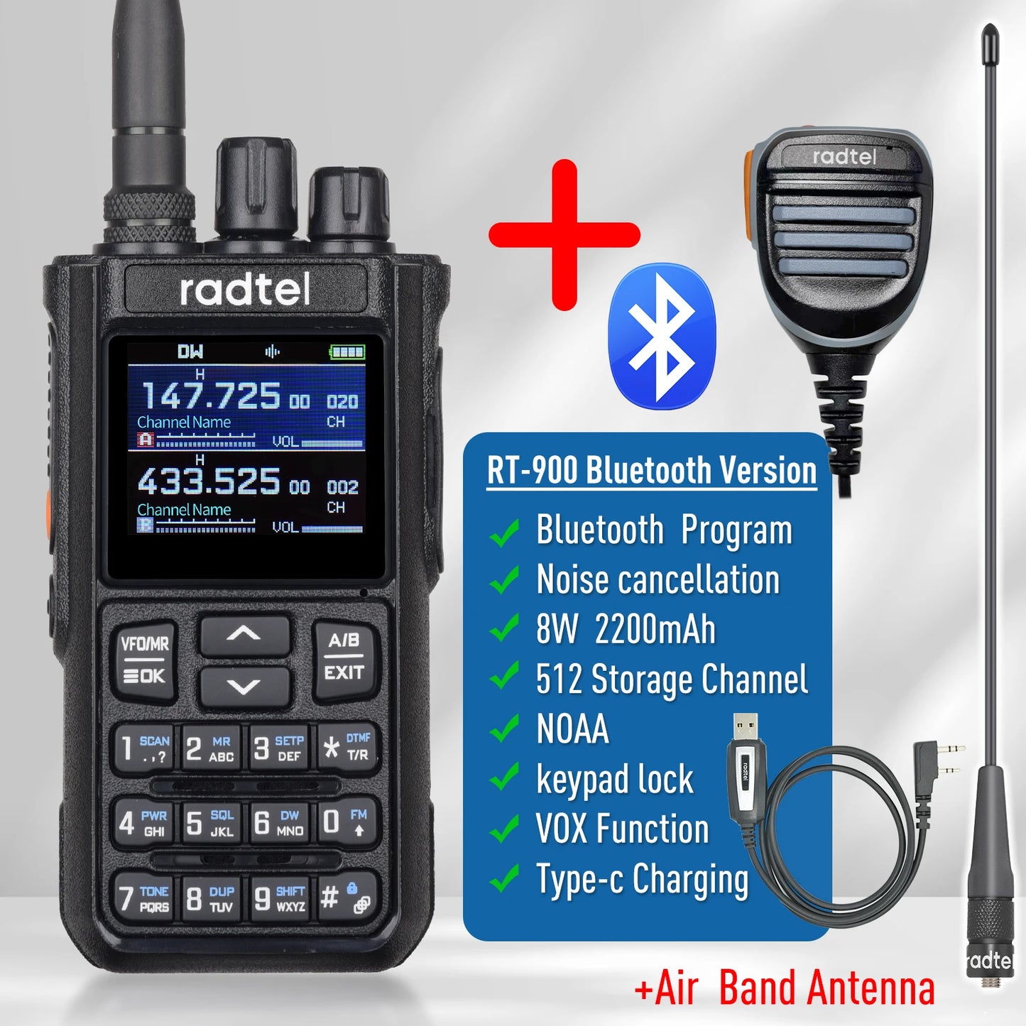 Talkie-Walkie Radtel RT-900 Ham Radio Full Band 8W – 256 Canaux, Air Band, Programmation Bluetooth (Optionnelle) - BLACKBEARD OUTDOOR INDUSTRIES