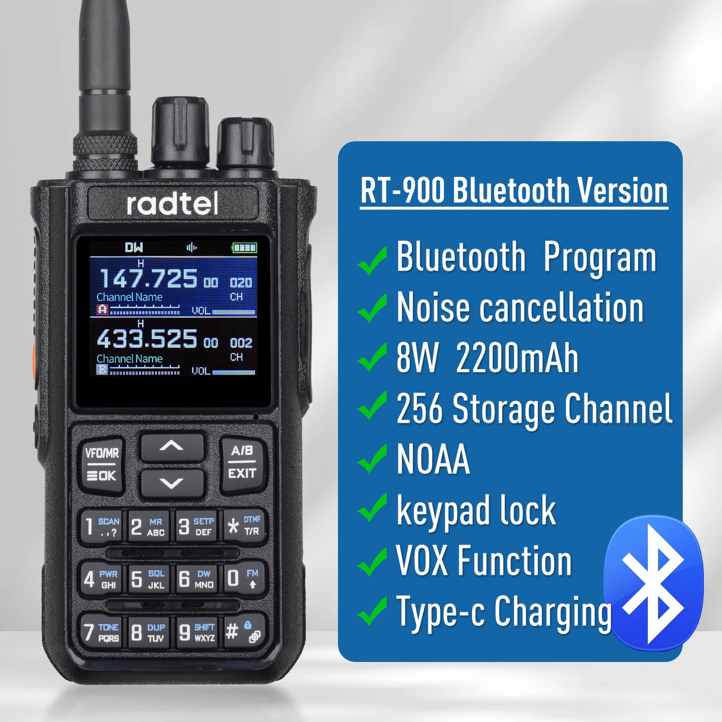 Talkie-Walkie Radtel RT-900 Ham Radio Full Band 8W – 256 Canaux, Air Band, Programmation Bluetooth (Optionnelle) - BLACKBEARD OUTDOOR INDUSTRIES