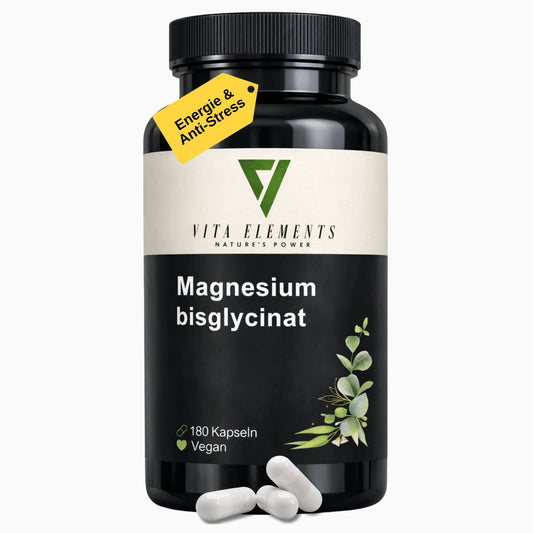 Vita Elements Magnésium Bisglycinate 300mg — Haute Biodisponibilité, Douceur Gastrique | Végan, Sans Gluten | 180 Gélules | Testé en Allemagne