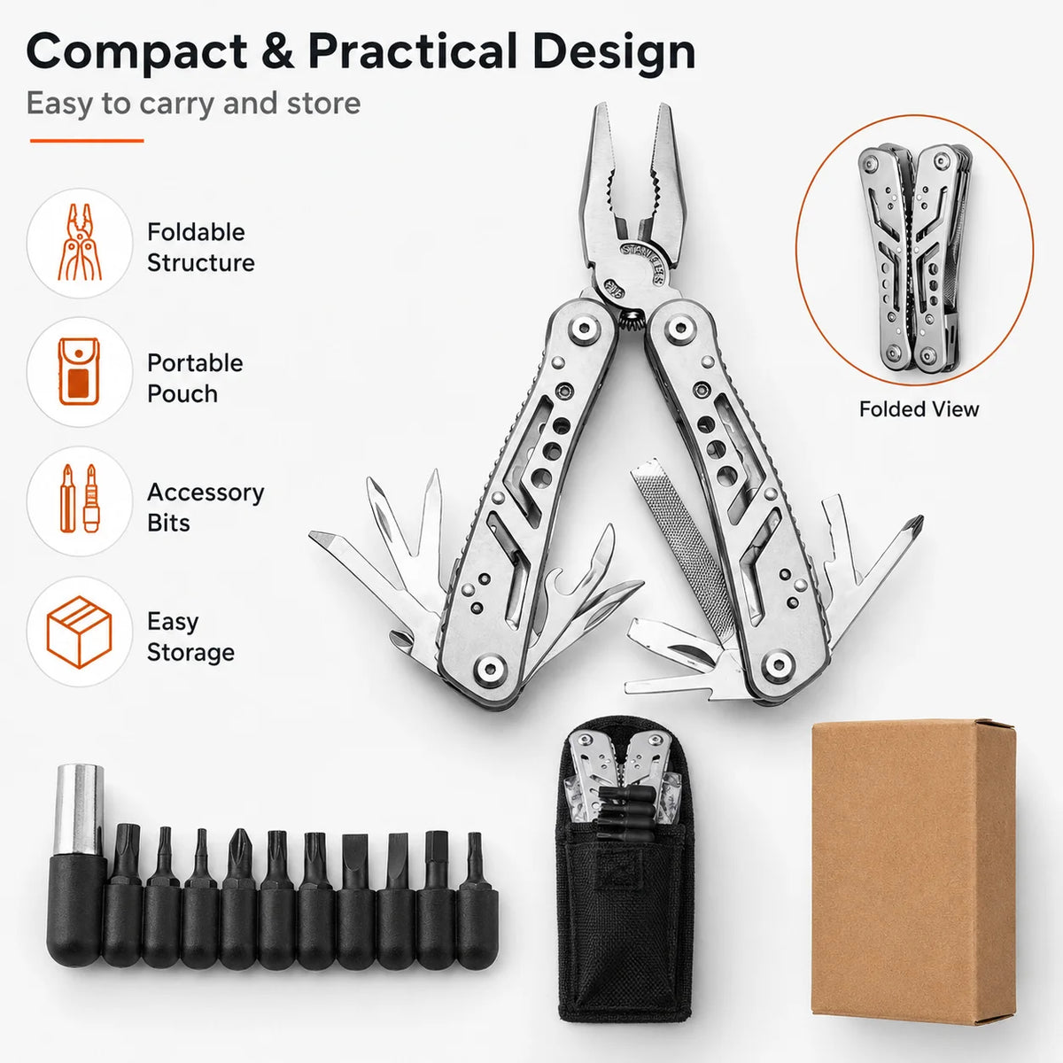 Pince Multifonction Pliable Inox – Set Embouts Tournevis & Pochette – Camping, Bricolage, Vélo