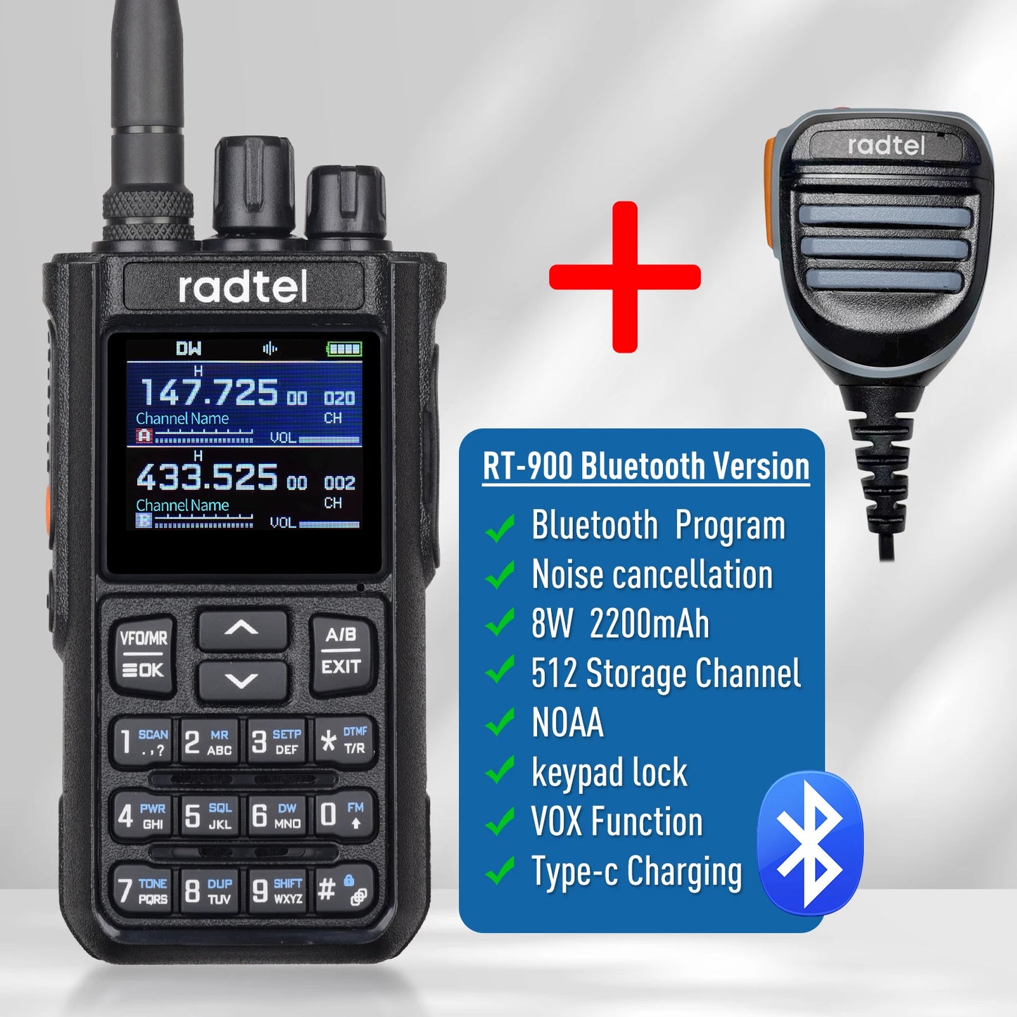 Talkie-Walkie Radtel RT-900 Ham Radio Full Band 8W – 256 Canaux, Air Band, Programmation Bluetooth (Optionnelle) - BLACKBEARD OUTDOOR INDUSTRIES