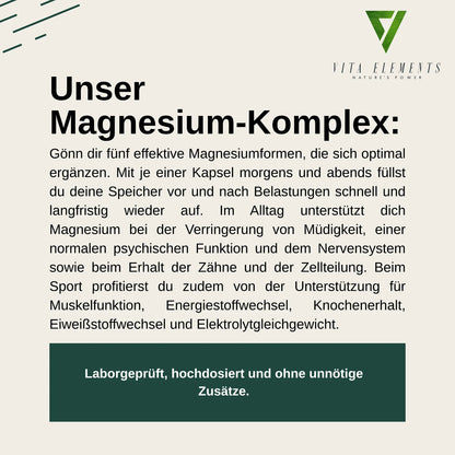 Vita Elements Complexe Magnésium 5 Formes — Bisglycinate, Malate, Citrate, Ascorbate & Oxyde | Végan | 180 Gélules | Testé en Allemagne