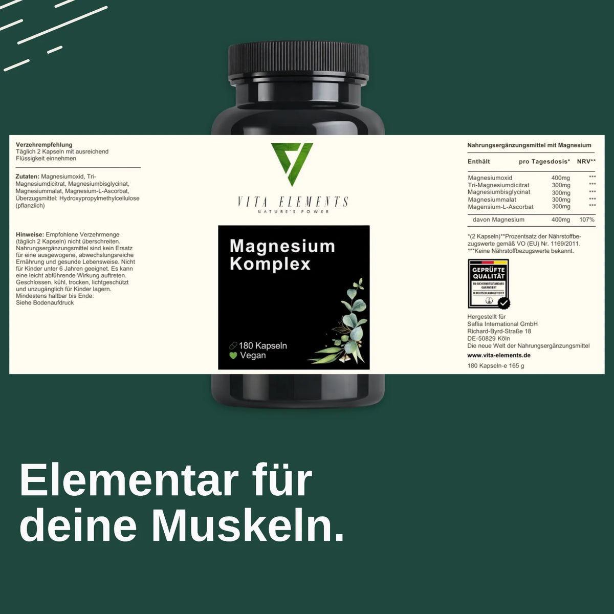 Vita Elements Complexe Magnésium 5 Formes — Bisglycinate, Malate, Citrate, Ascorbate & Oxyde | Végan | 180 Gélules | Testé en Allemagne