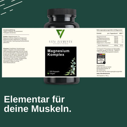 Vita Elements Complexe Magnésium 5 Formes — Bisglycinate, Malate, Citrate, Ascorbate & Oxyde | Végan | 180 Gélules | Testé en Allemagne