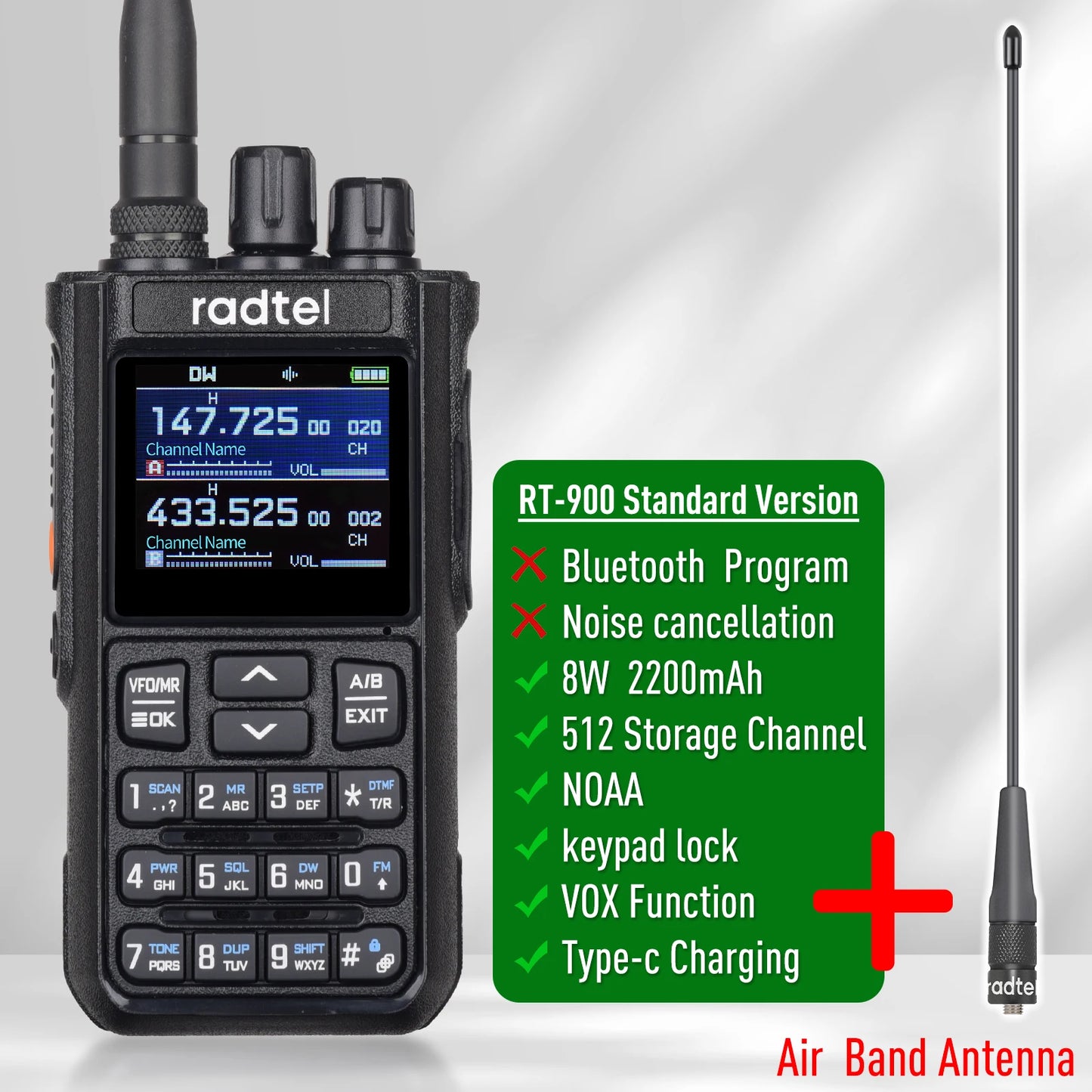 Talkie-Walkie Radtel RT-900 Ham Radio Full Band 8W – 256 Canaux, Air Band, Programmation Bluetooth (Optionnelle) - BLACKBEARD OUTDOOR INDUSTRIES
