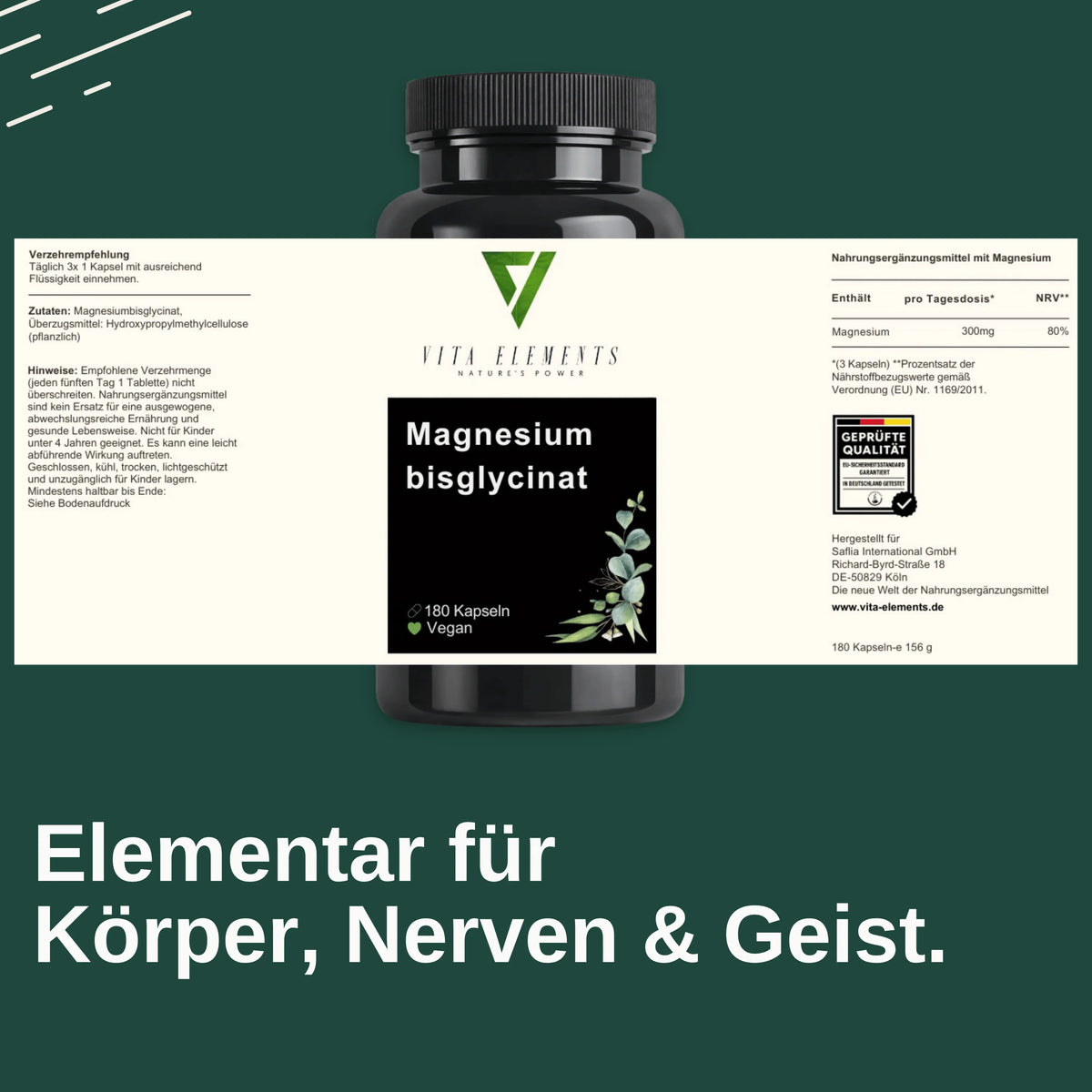 Vita Elements Magnésium Bisglycinate 300mg — Haute Biodisponibilité, Douceur Gastrique | Végan, Sans Gluten | 180 Gélules | Testé en Allemagne