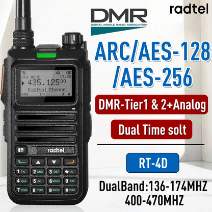Radio Talkie-Walkie Numérique Radtel RT-4D – DMR/Analogique Dual Mode, IP68, 1024 Canaux, Portée 5 km, VHF/UHF, Chiffrement AES-256
