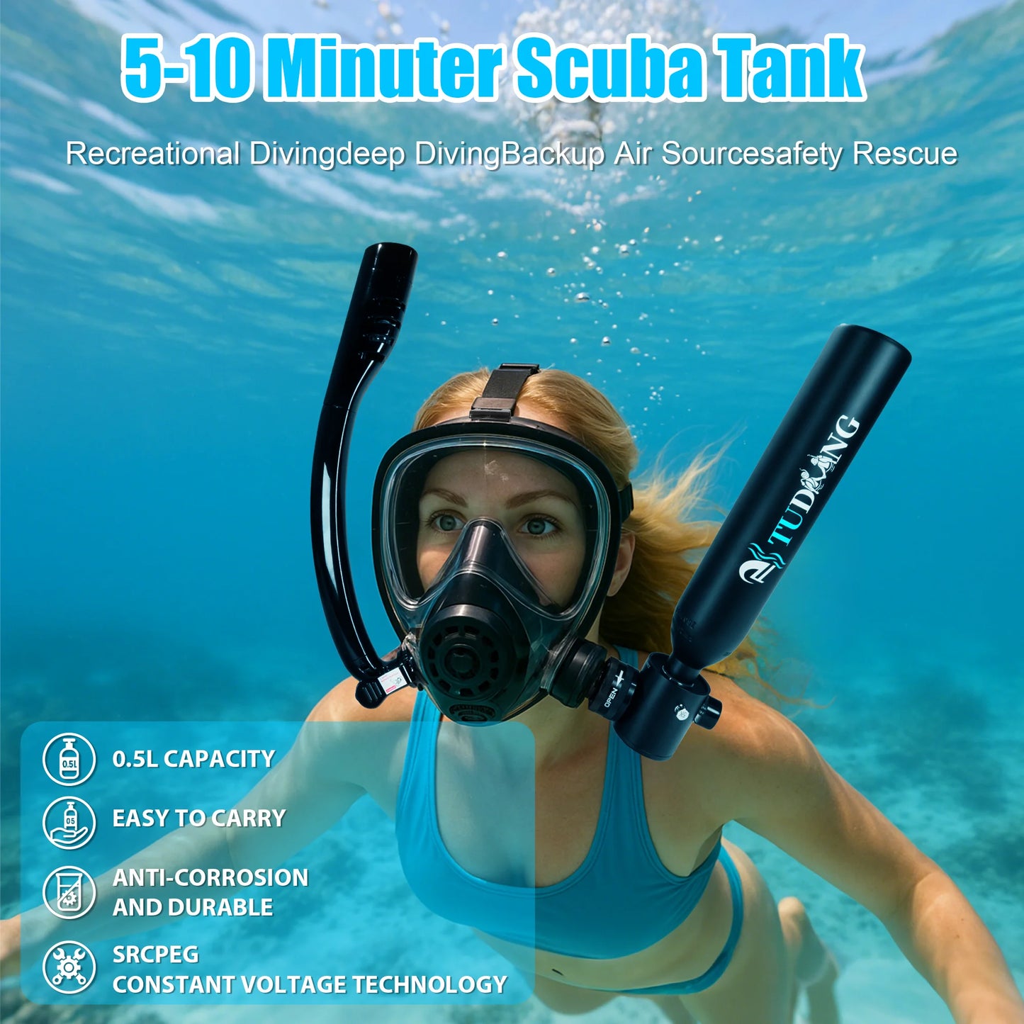 TUDIVING Mini Bouteille Scuba 0.5L – Masque Plein Visage, Pompe Incluse, Certifié CE/DOT