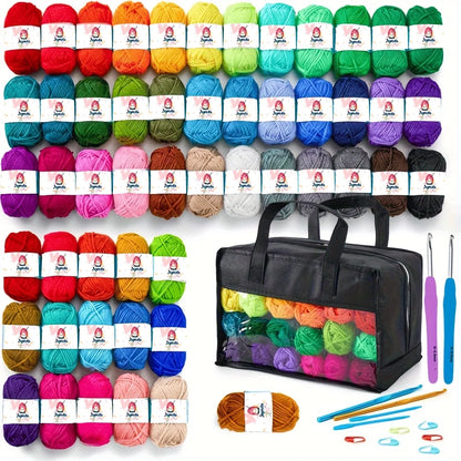 Kit Crochet Complet 43/70Pcs avec 52 Pelotes de Laine Acrylique en Couleurs, Crochets et Aiguilles - Set DIY Idéal pour Débutants et Adultes