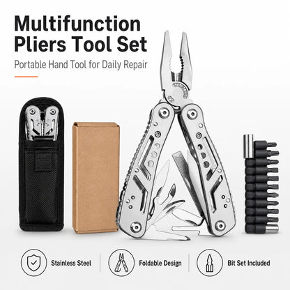 Pince Multifonction Pliable Inox – Set Embouts Tournevis & Pochette – Camping, Bricolage, Vélo