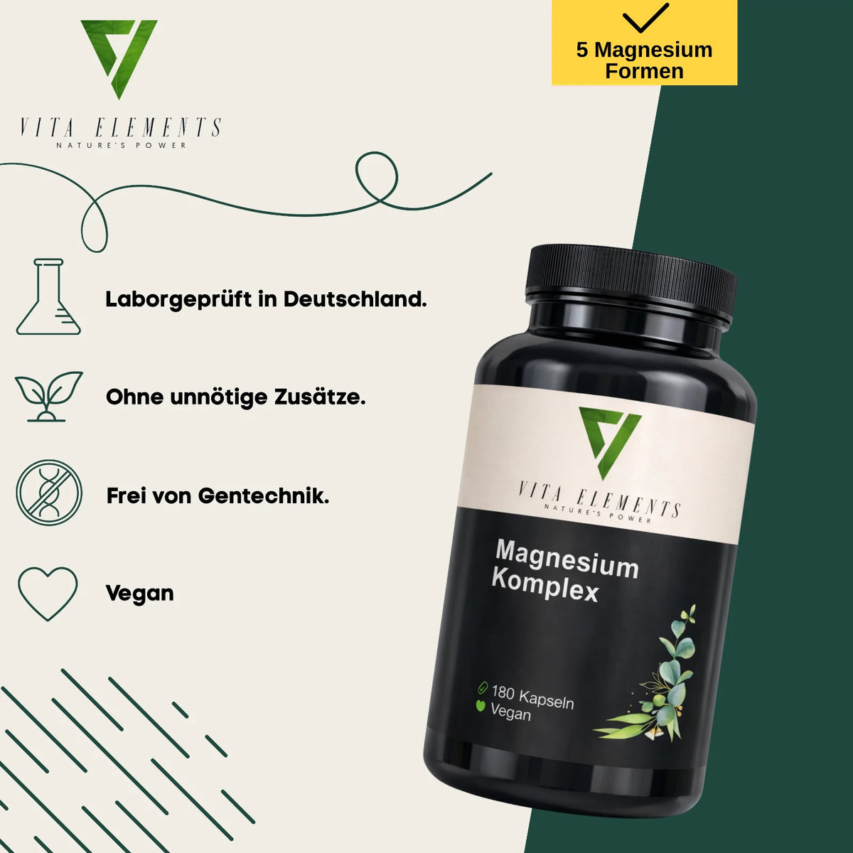 Vita Elements Complexe Magnésium 5 Formes — Bisglycinate, Malate, Citrate, Ascorbate & Oxyde | Végan | 180 Gélules | Testé en Allemagne