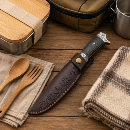 Couteau Outdoor Camping avec Gaine Cuir – Outil de Coupe Portable | Pêche, BBQ, Randonnée, Survie