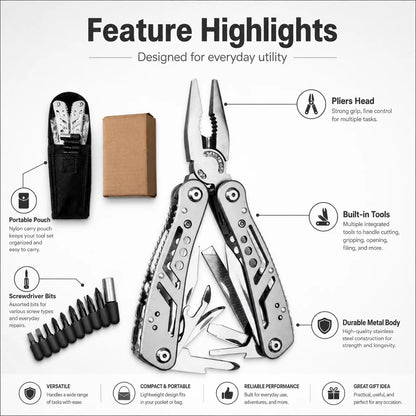 Pince Multifonction Pliable Inox – Set Embouts Tournevis & Pochette – Camping, Bricolage, Vélo