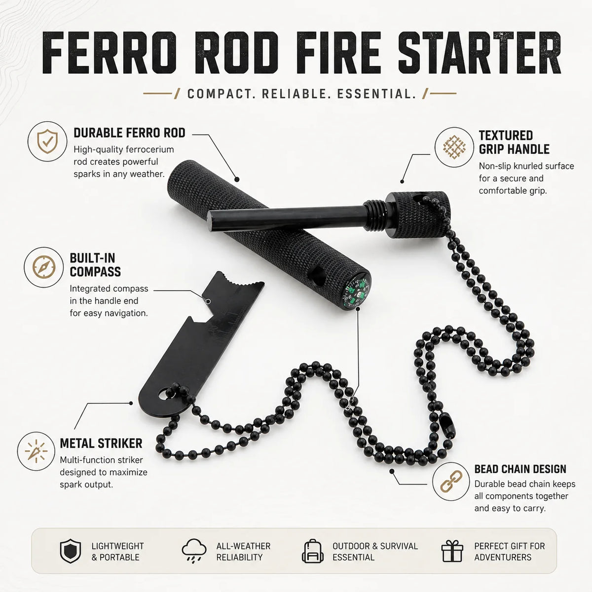 Firesteel de Poche avec Boussole et Porte-Clés - Allume-Feu de Survie