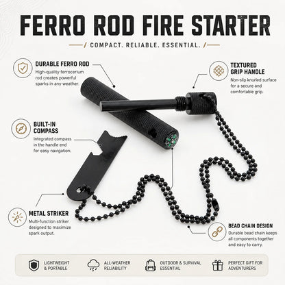 Firesteel de Poche avec Boussole et Porte-Clés - Allume-Feu de Survie