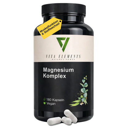 Vita Elements Complexe Magnésium 5 Formes — Bisglycinate, Malate, Citrate, Ascorbate & Oxyde | Végan | 180 Gélules | Testé en Allemagne