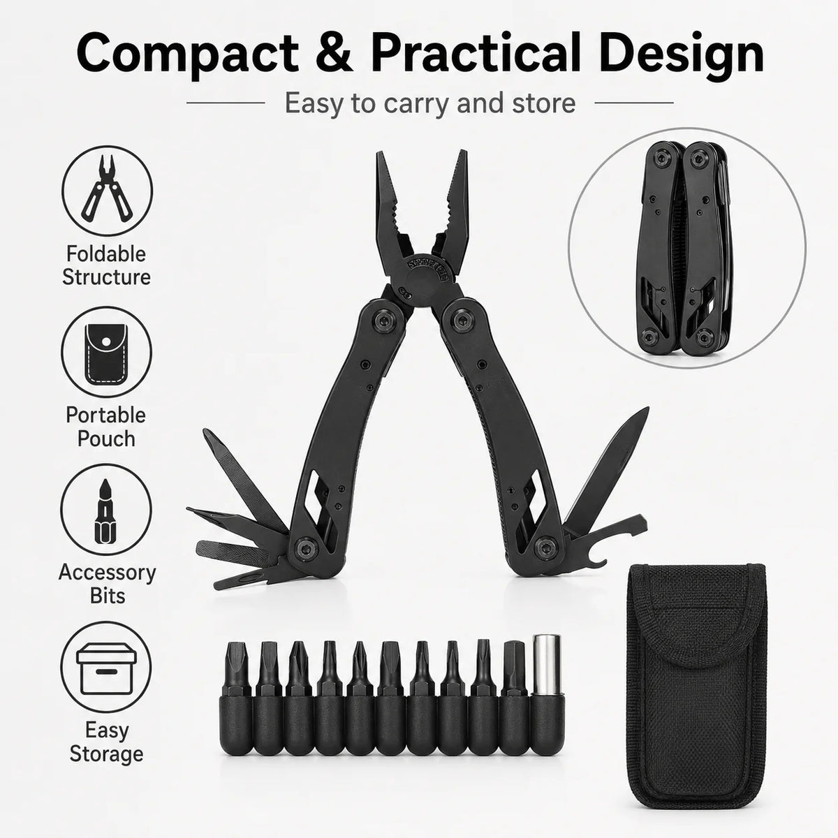 Pince Multifonction Pliable – Embouts Tournevis & Pochette Nylon – Bricolage, Camping, Vélo