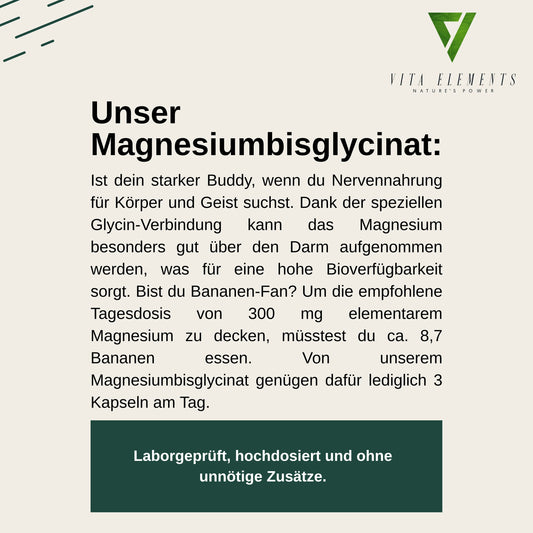 Vita Elements Magnésium Bisglycinate 300mg — Haute Biodisponibilité, Douceur Gastrique | Végan, Sans Gluten | 180 Gélules | Testé en Allemagne