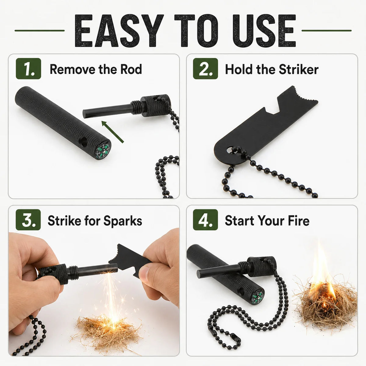 Firesteel de Poche avec Boussole et Porte-Clés - Allume-Feu de Survie