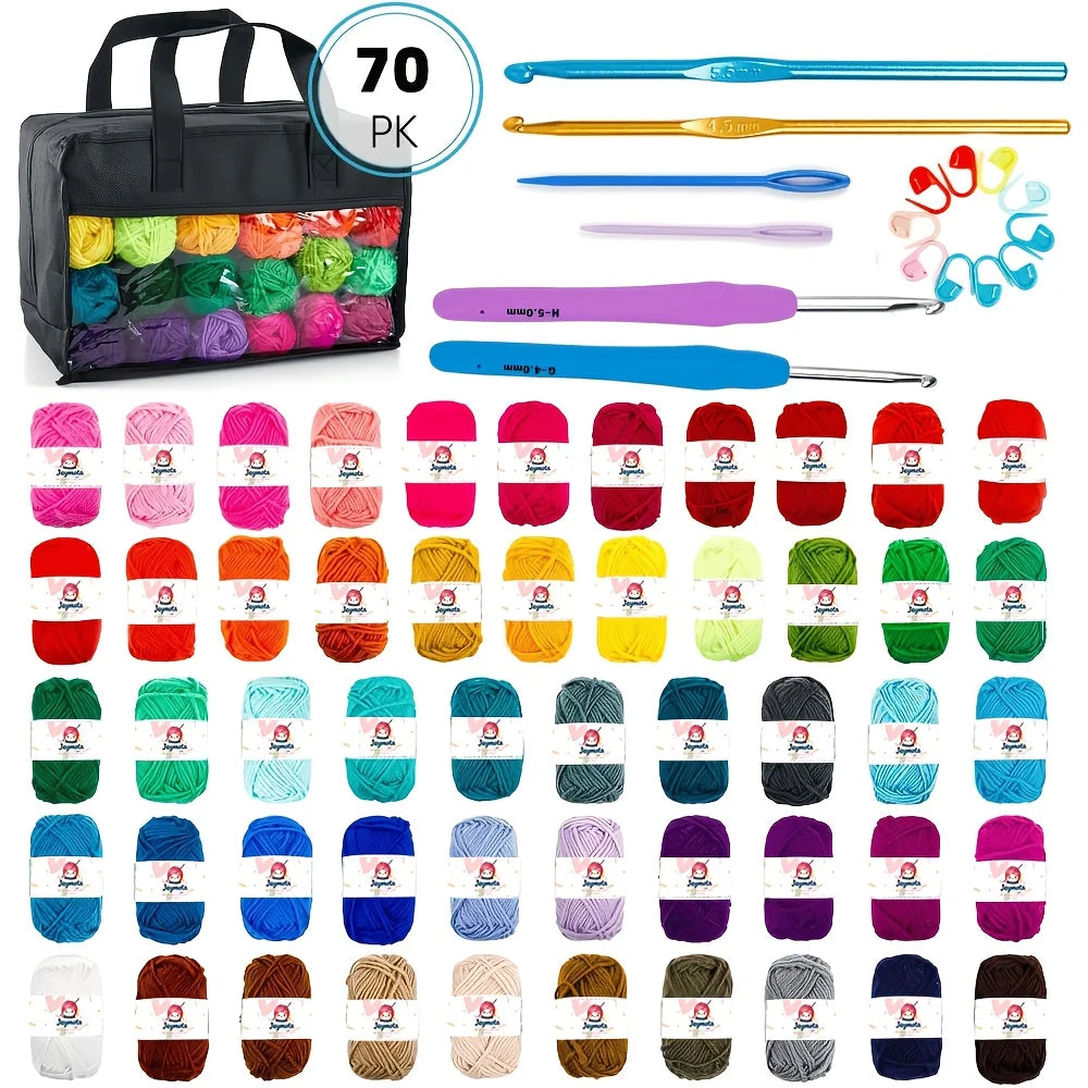 Kit Crochet Complet 43/70Pcs avec 52 Pelotes de Laine Acrylique en Couleurs, Crochets et Aiguilles - Set DIY Idéal pour Débutants et Adultes