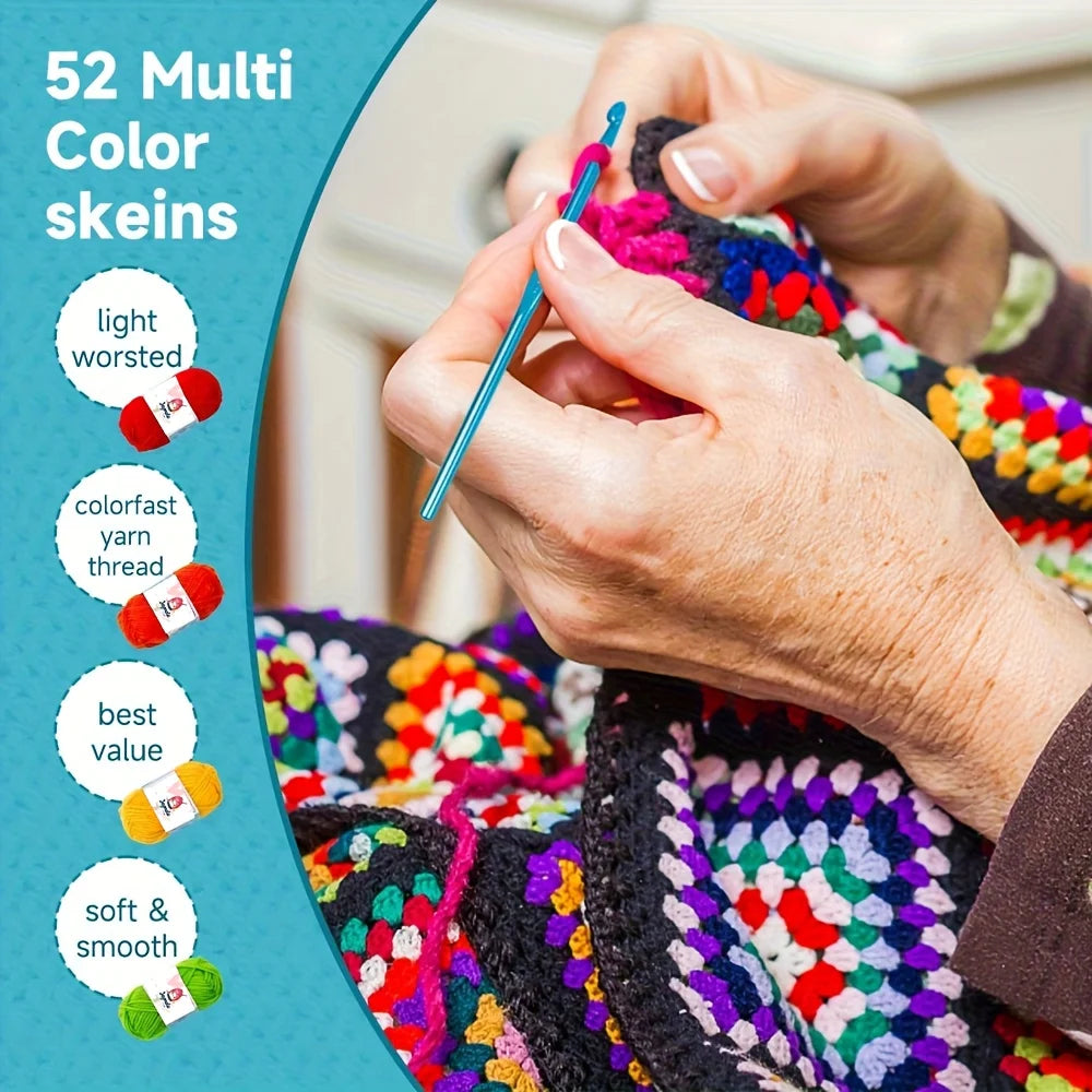 Kit Crochet Complet 43/70Pcs avec 52 Pelotes de Laine Acrylique en Couleurs, Crochets et Aiguilles - Set DIY Idéal pour Débutants et Adultes