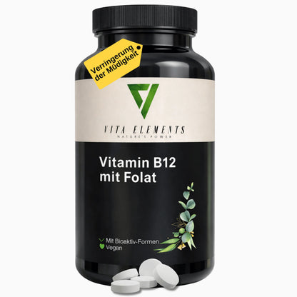 Vita Elements Vitamine B12 Triple Forme 500µg — Méthylcobalamine, Adénosylcobalamine & Hydroxocobalamine + Quatrefolic® 200µg | Végan | 180 Comprimés