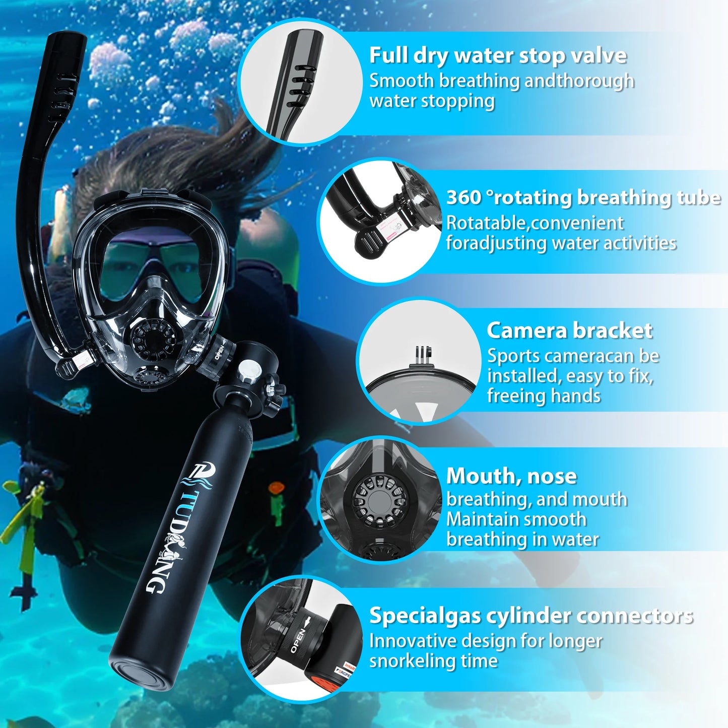 TUDIVING Mini Bouteille Scuba 0.5L – Masque Plein Visage, Pompe Incluse, Certifié CE/DOT