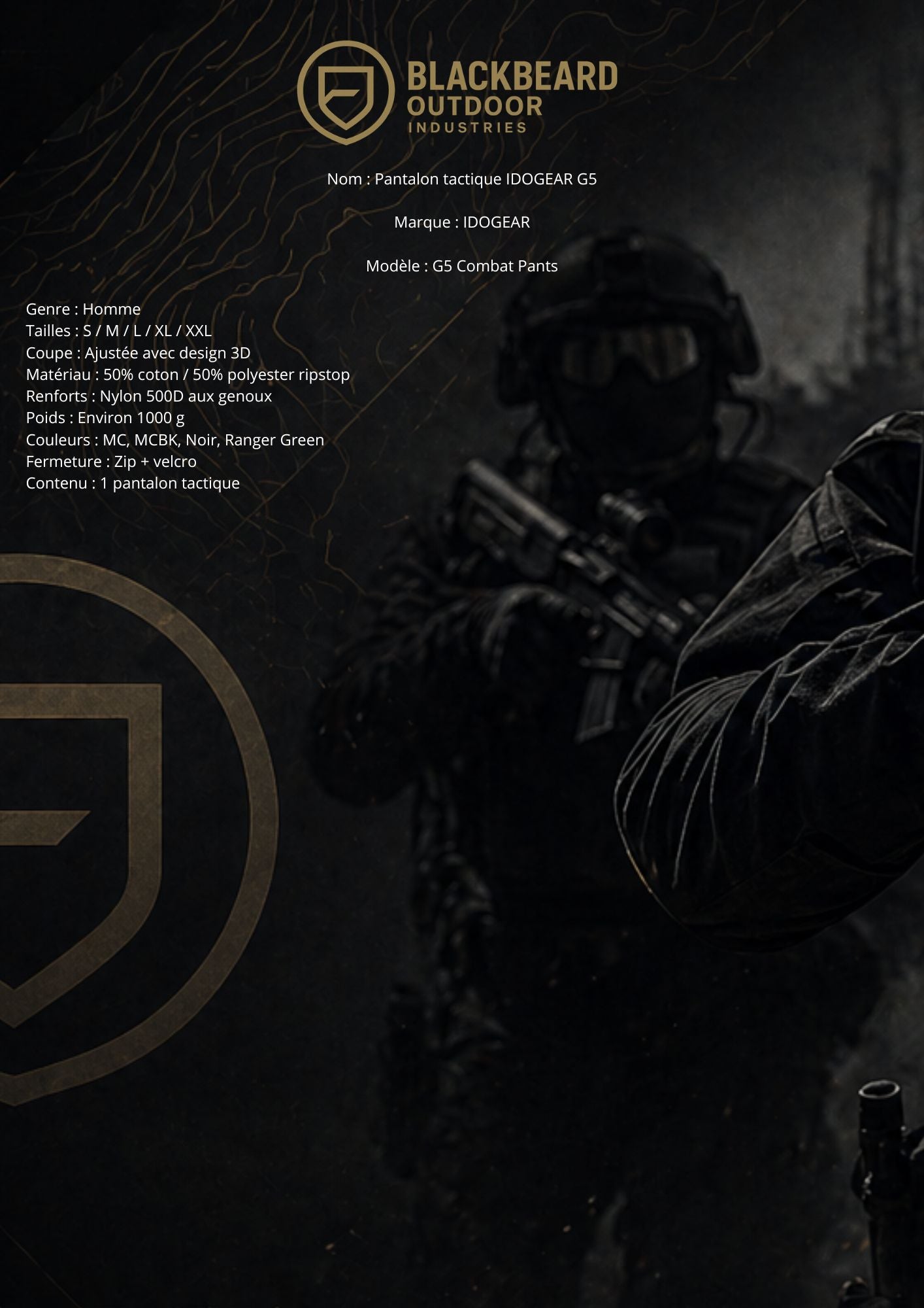 pantalon tactique idogear g5 fiche technique