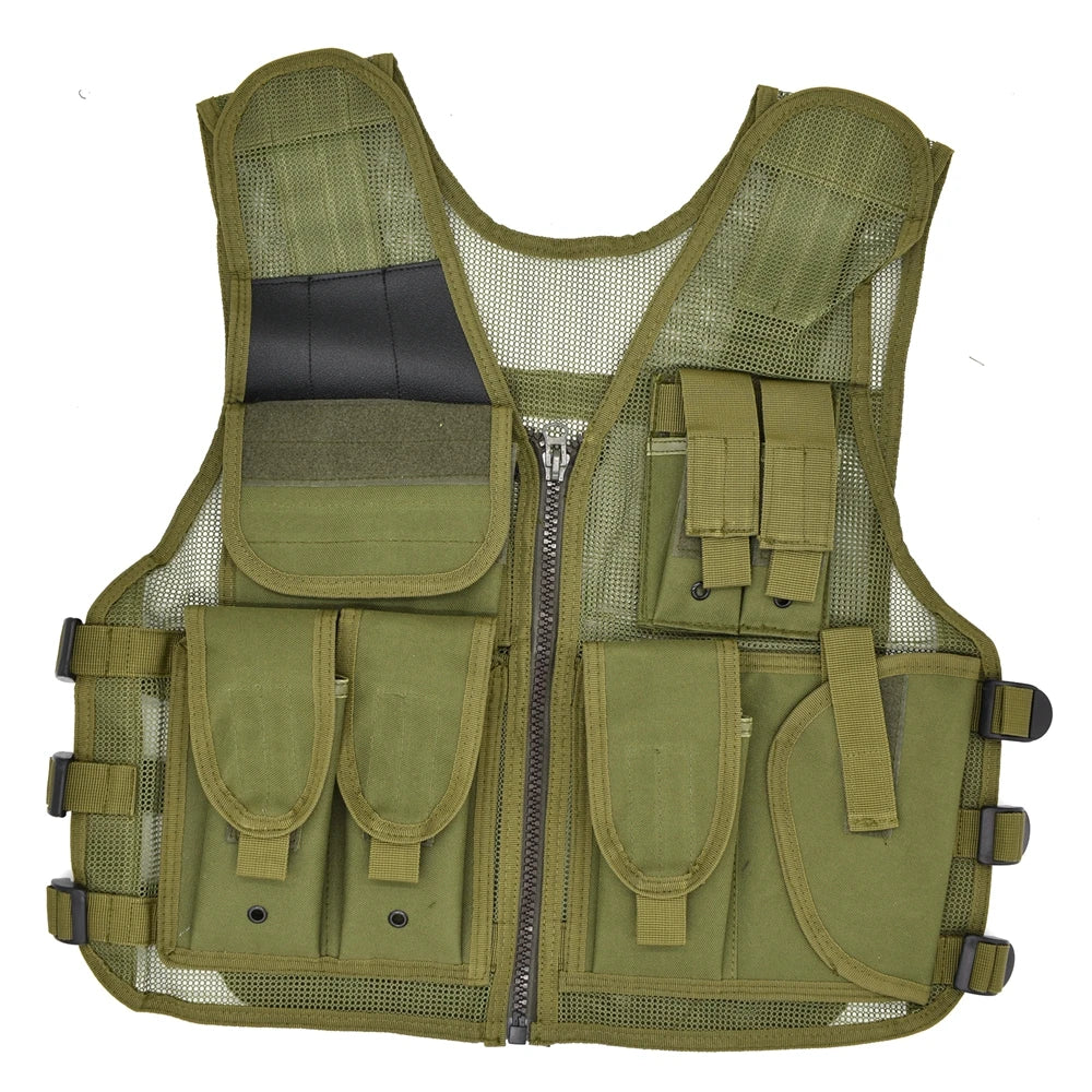 Gilet Tactique MOLLE Mesh Respirant – 6 Poches, Holster Pistolet, Chasse Airsoft Randonnée