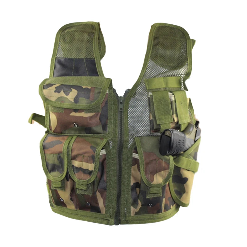 Gilet Tactique MOLLE Mesh Respirant – 6 Poches, Holster Pistolet, Chasse Airsoft Randonnée
