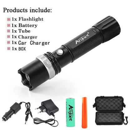 Lampe torche LED à zoom réglable 6611 – Batterie rechargeable 18650