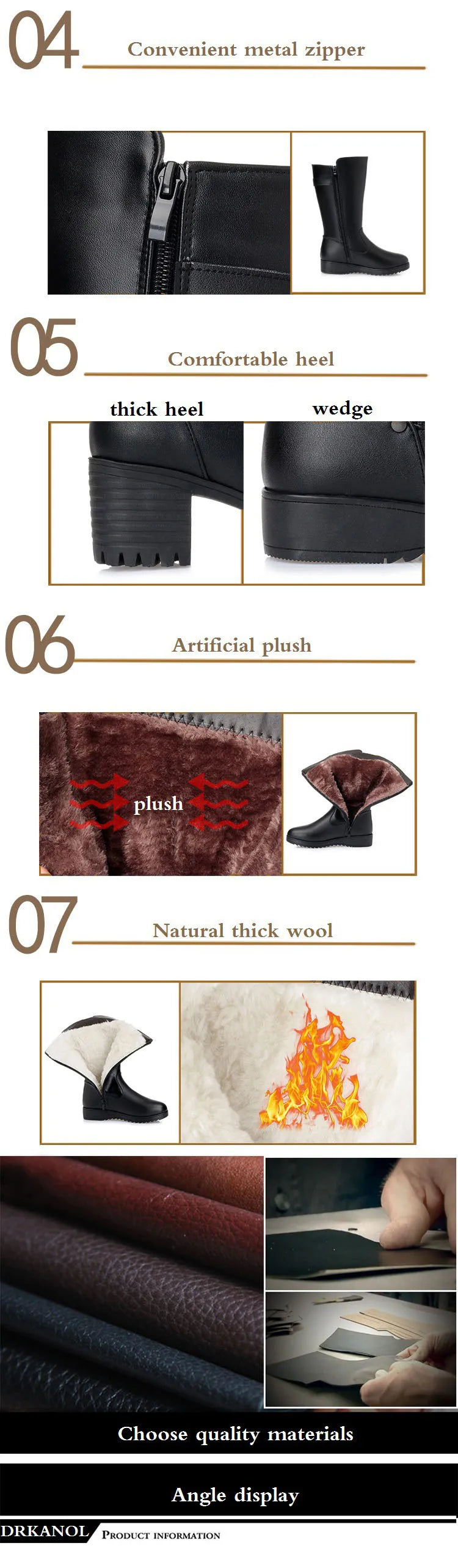 Bottes Femme DRKANOL en Cuir Véritable – Doublure Laine Naturelle – Bottes Chaudes d’Hiver | Tailles 34 à 45 - BLACKBEARD OUTDOOR INDUSTRIES