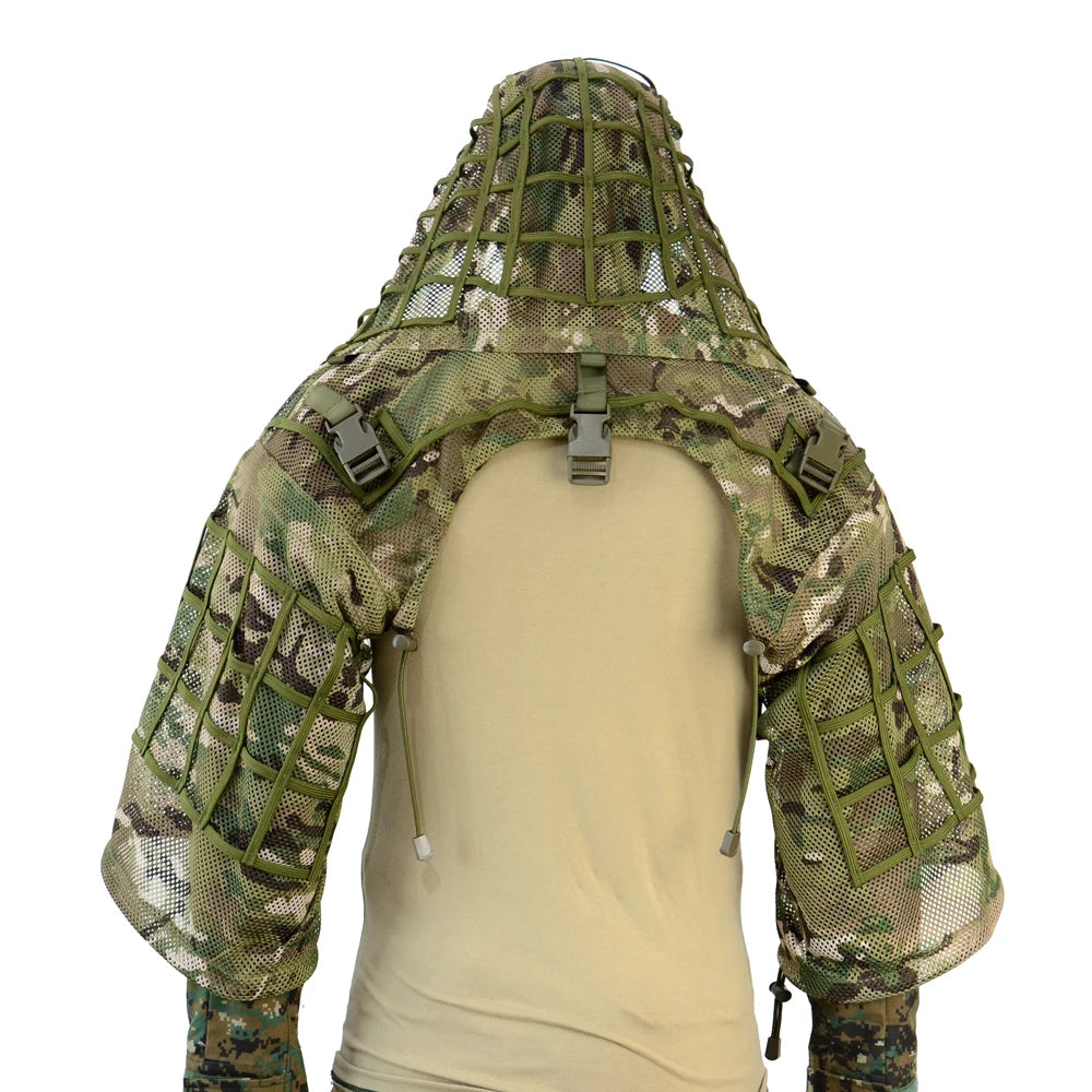 Combinaison Ghillie Tactique ROCOTACTICAL – Cagoule Viper 3D, Bandes Feuillages, Sniper Chasse Airsoft