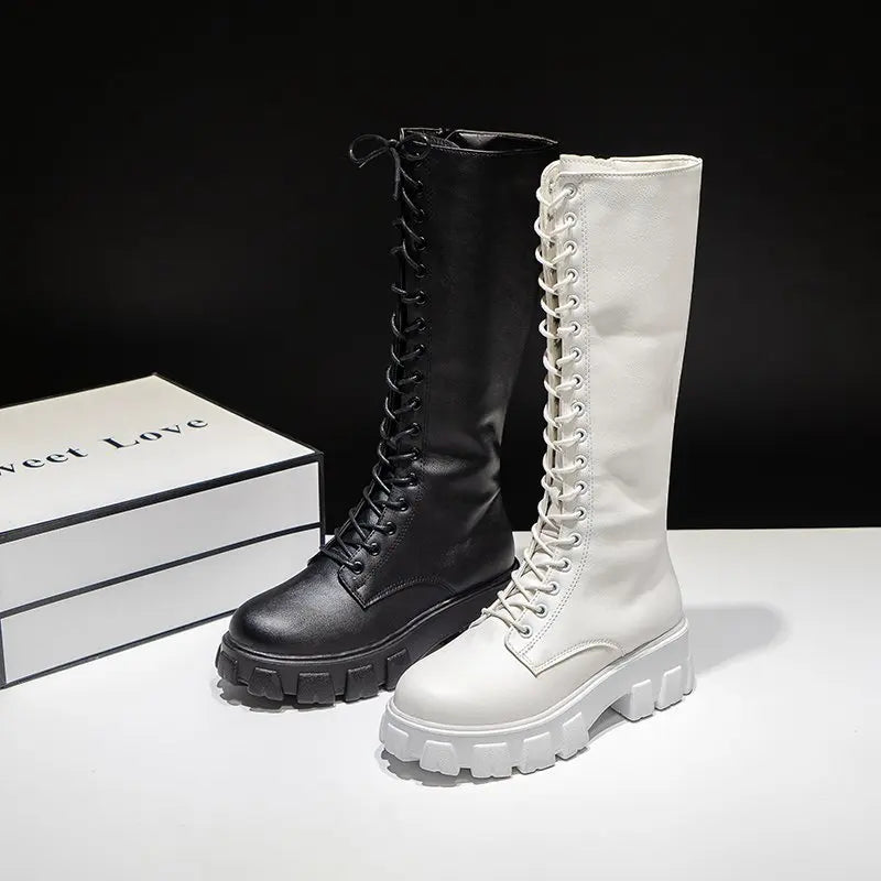 Bottes Hautes Femme Jusqu'au Genou – Talon Carré Cuir Verni Lacets