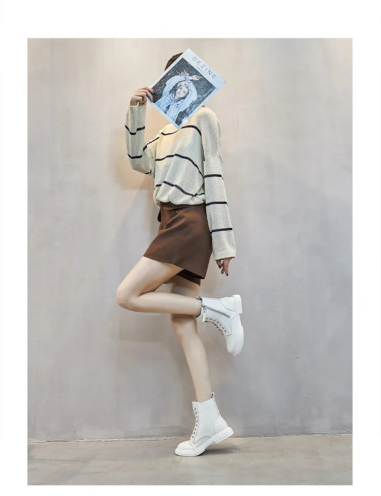 Bottines Femme en Cuir Véritable – Chaussures Chaudes à Lacets avec Semelle Plateforme – Style Motard Hiver/Automne – Pointure 35 à 43 - BLACKBEARD OUTDOOR INDUSTRIES