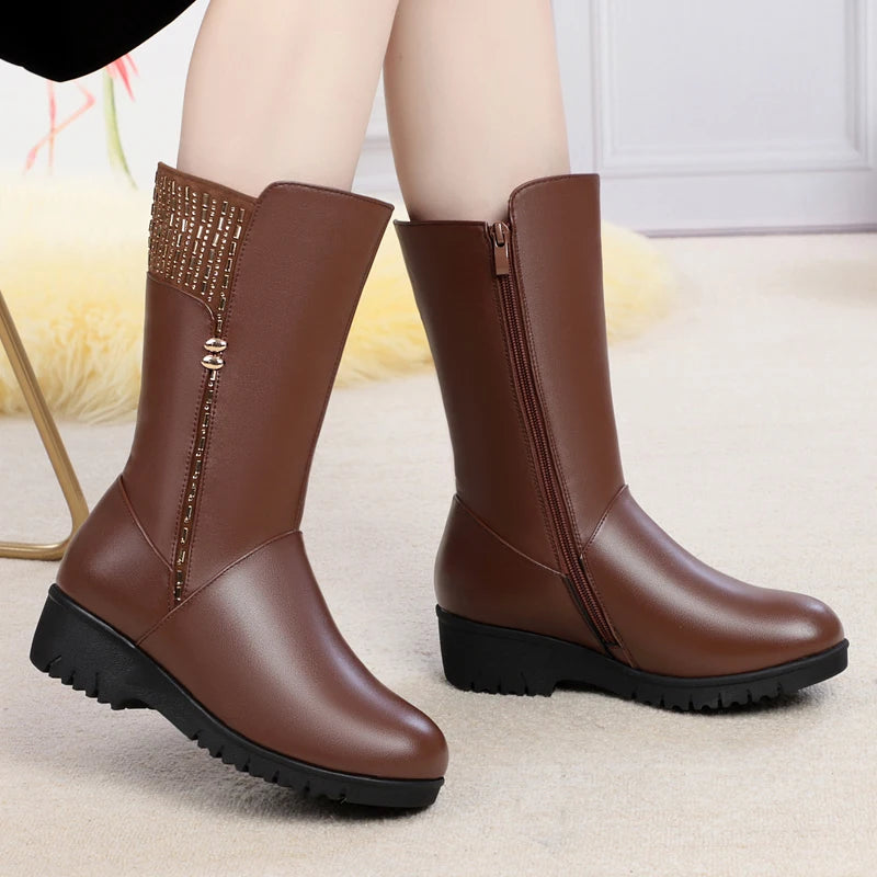 Bottes d’hiver femme mi-mollet en cuir à doublure au choix