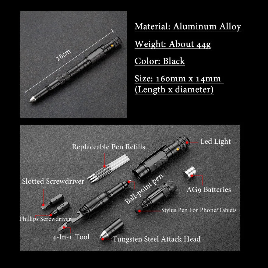 Stylo tactique multifonction avec lampe LED et outils