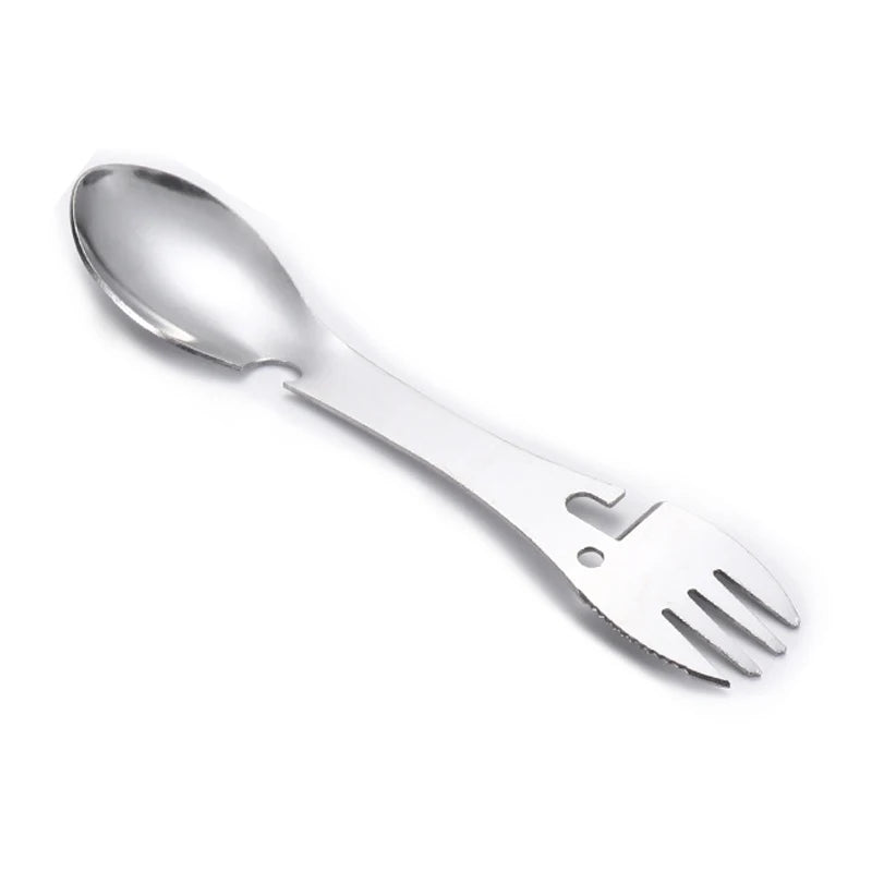 Outil Multifonction 5 en 1 pour Camping - Fourchette, Couteau, Cuillère, Ouvre-Bouteille