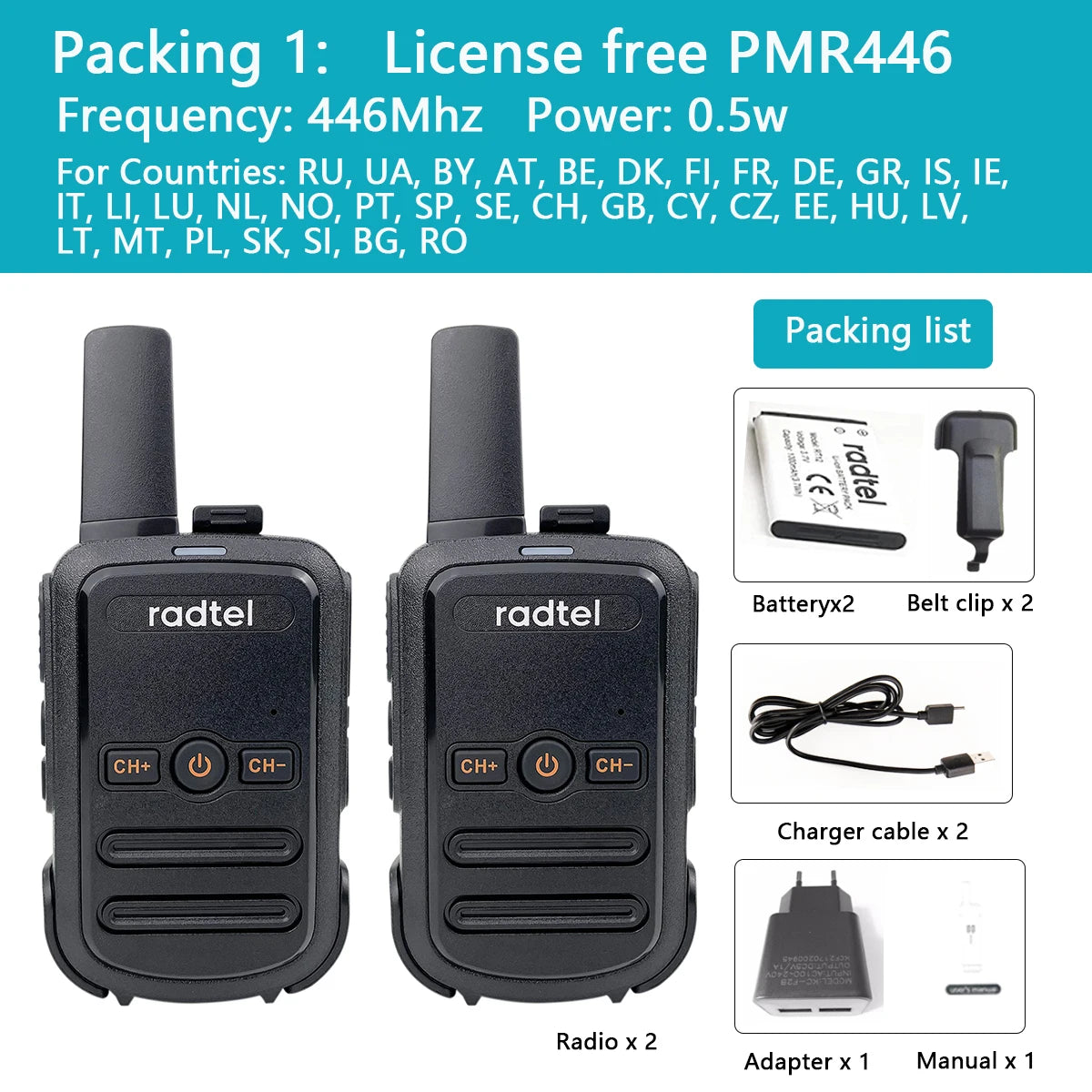 Talkie-Walkie Radtel RT-12 – PMR/FRS Sans Licence, Portée 3 km, 16 Canaux