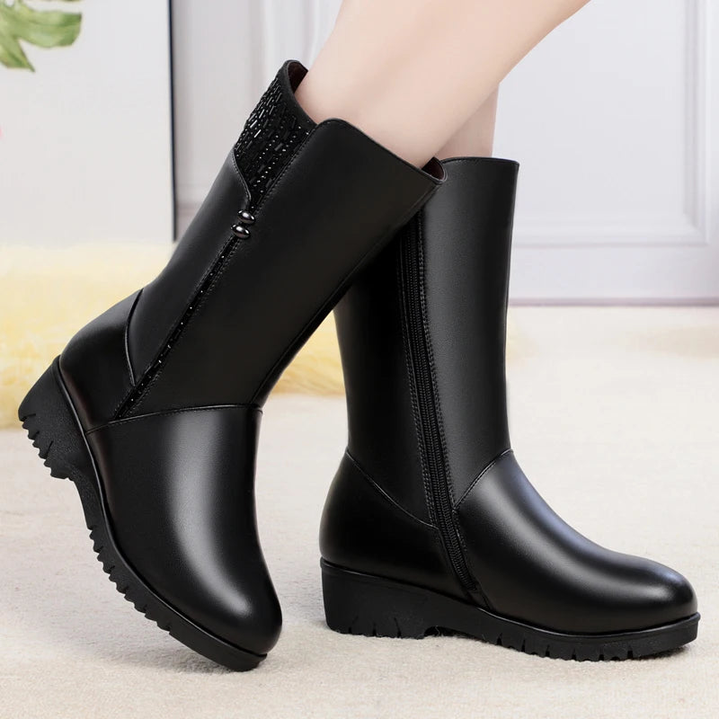 Bottes d’hiver femme mi-mollet en cuir à doublure au choix