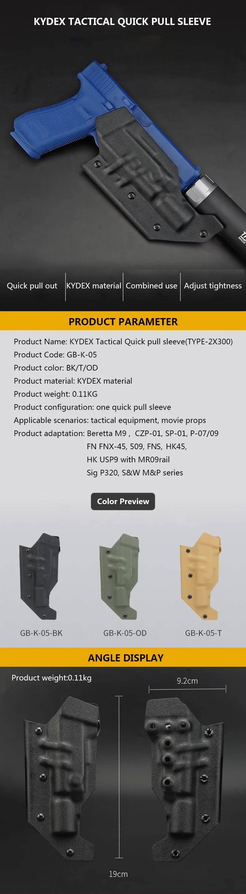 Holster Tactique KYDEX pour Pistolet avec Système de Retrait Rapide et Support pour Lampe X300 – Compatible Beretta M9, CZP-01, SP-01, FNX-45 et Plus - BLACKBEARD OUTDOOR INDUSTRIES