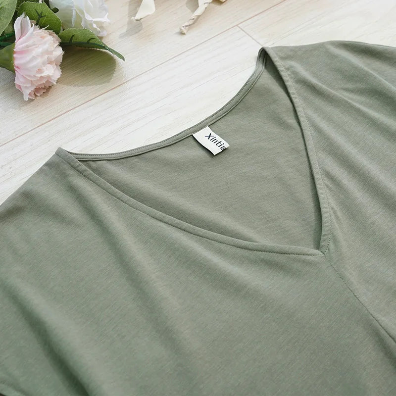 T-Shirt Femme Grande Taille Col V – Coton Oversize Casual Été - BLACKBEARD OUTDOOR INDUSTRIES