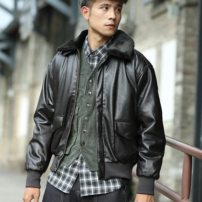 Blouson Bomber Homme Vintage en Similicuir - Col Fourrure Amovible